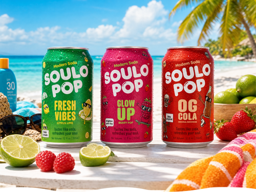 Soulopop Variety Pack beach table lifestyle - try all zero sugar clean soda flavors